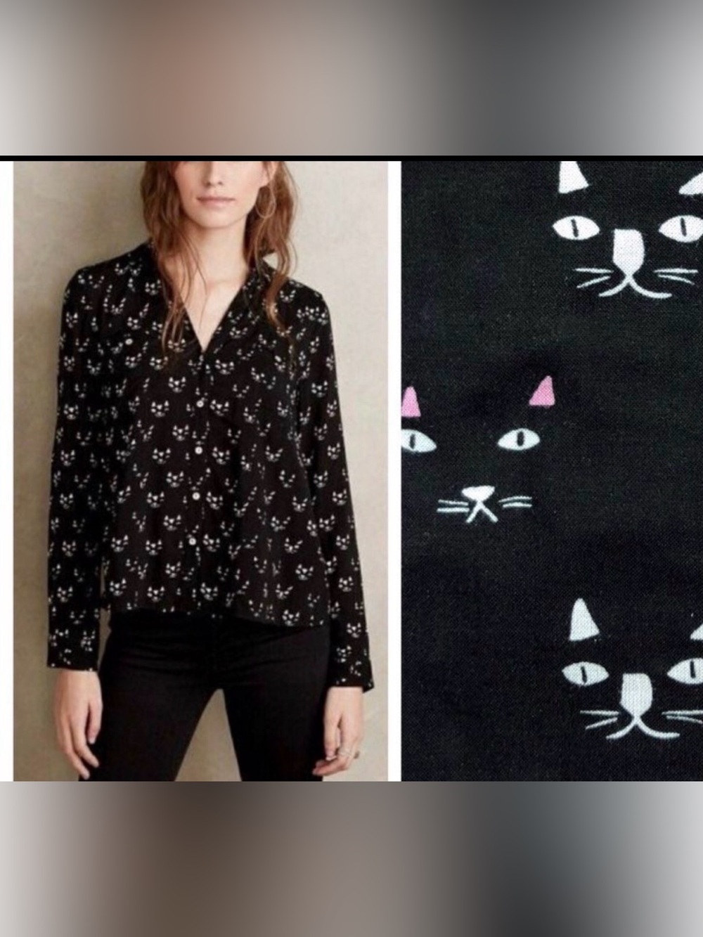 Anthropologie Cat Print Long-Sleeve Blouse